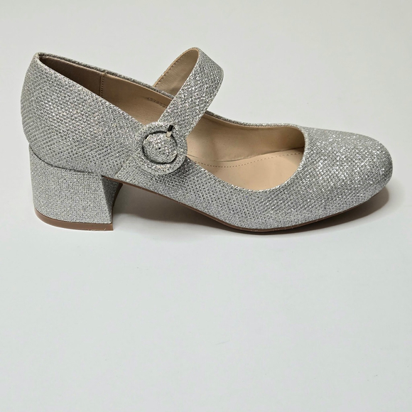 rsxses Silver Glitter Mary Jane Low Block Heels Strap Buckle Dress Shoes Sz 7 - Picture 1 of 11